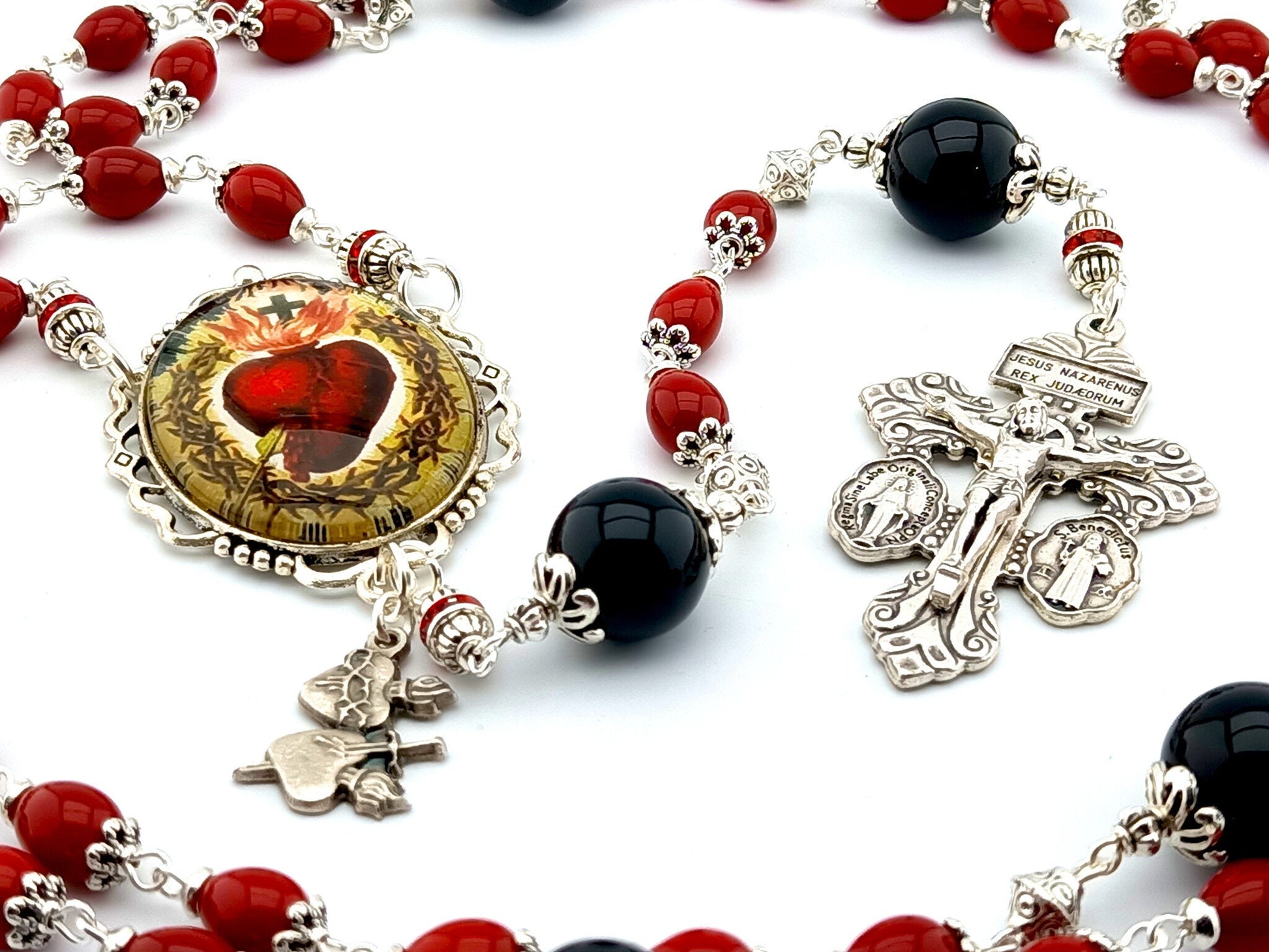 Sacred Heart of Jesus unique rosary beads with red and black glass beads, silver bead caps pardon crucifix and large centre medal.