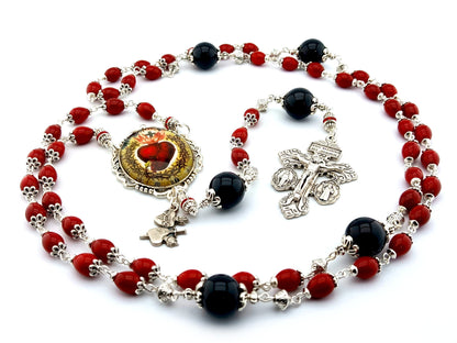 Sacred Heart of Jesus unique rosary beads with red and black glass beads, silver bead caps pardon crucifix and large centre medal.