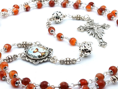 First Holy Communion unique rosary beads with red agate gemstone beads, silver pater beads, silver sunburst crucifix and picture centre medal.