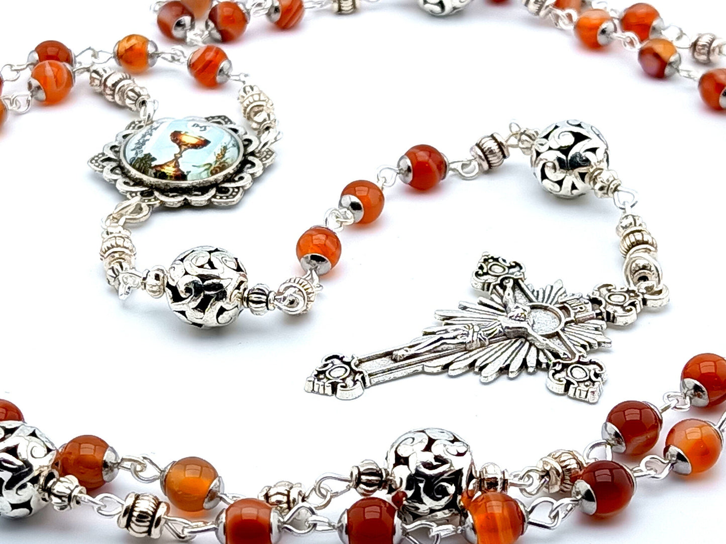 First Holy Communion unique rosary beads with red agate gemstone beads, silver pater beads, silver sunburst crucifix and picture centre medal.