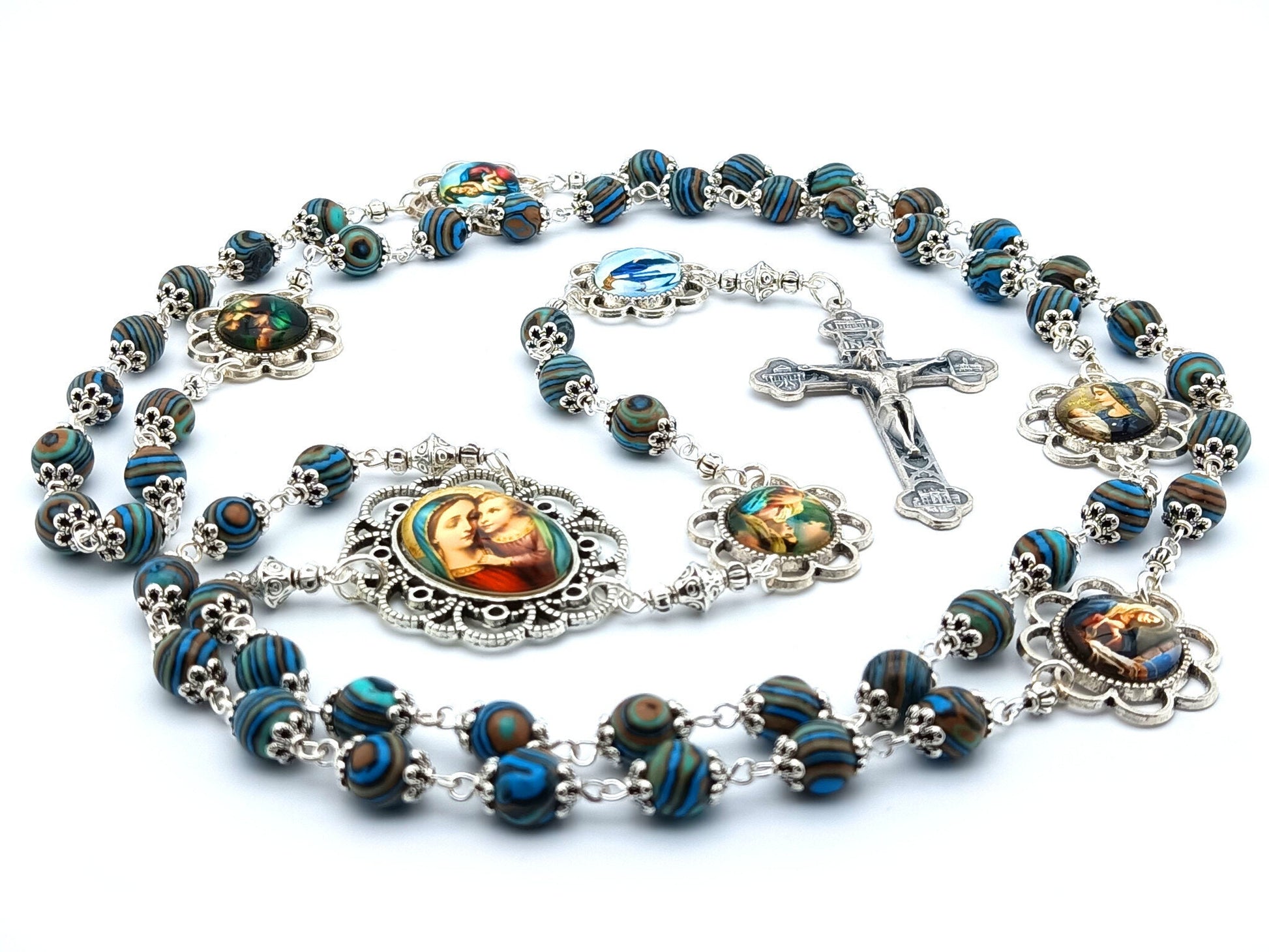 Virgin Mary unique rosary beads with malachite gemstone beads, picture pater beads and silver four basilicas crucifix and picture centre medal.