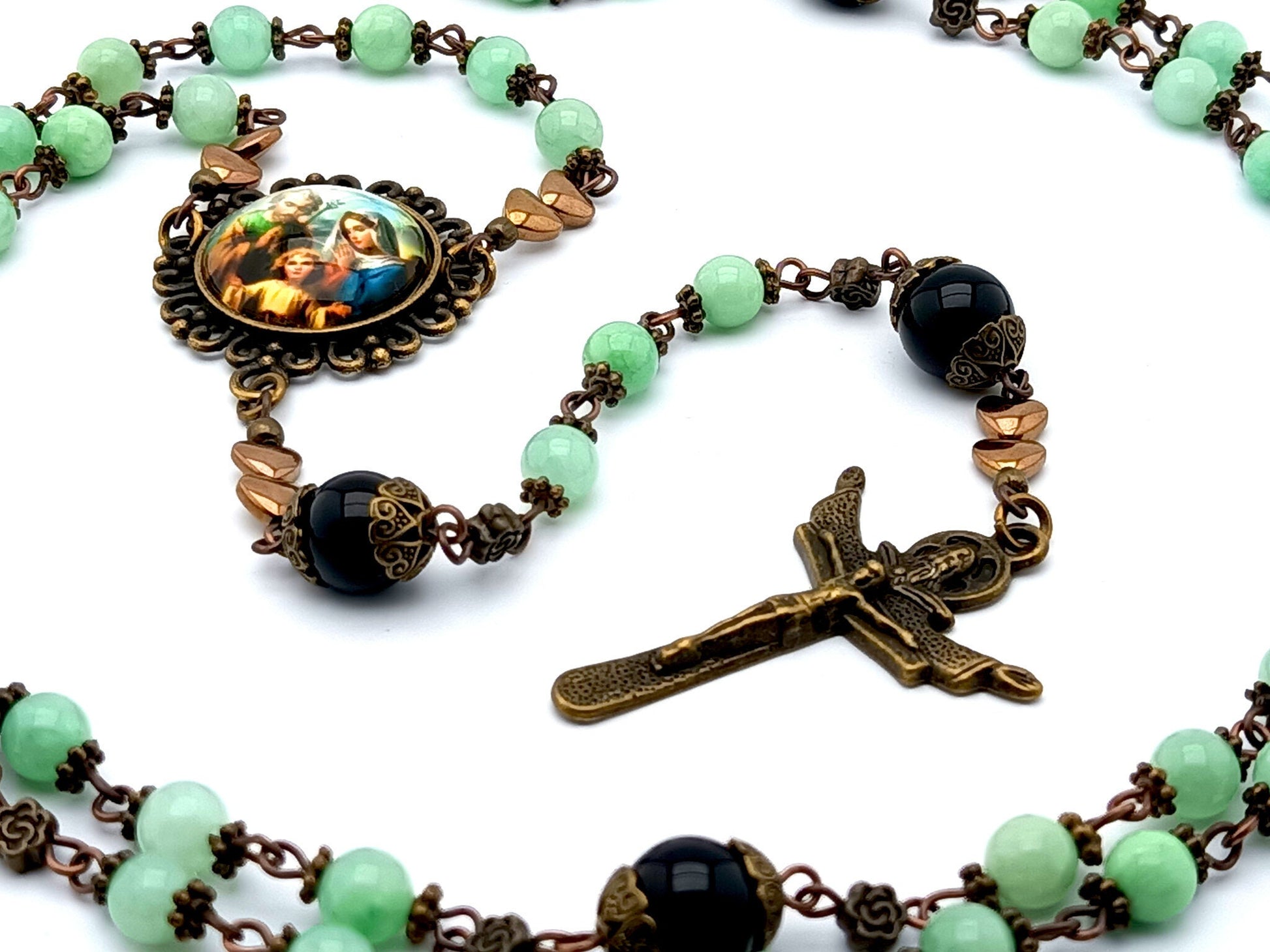 Holy Family unique rosary beads with jade and onyx gemstone beads, bronze Trinity crucifix, bead caps and picture centre medal.