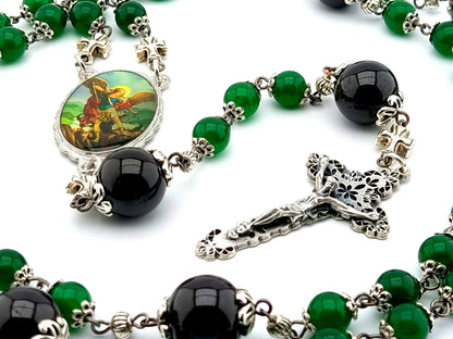 Saint Michael unique rosary beads with green jasper and onyx gemstone beads, silver filigree crucifix and picture centre medal.