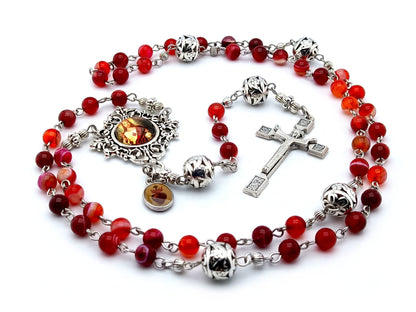 Sacred Heart unique rosary beads with red agate gemstone beads, silver pater beads, resurrection crucifix and picture centre medal.
