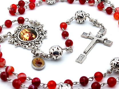Sacred Heart unique rosary beads with red agate gemstone beads, silver pater beads, resurrection crucifix and picture centre medal.