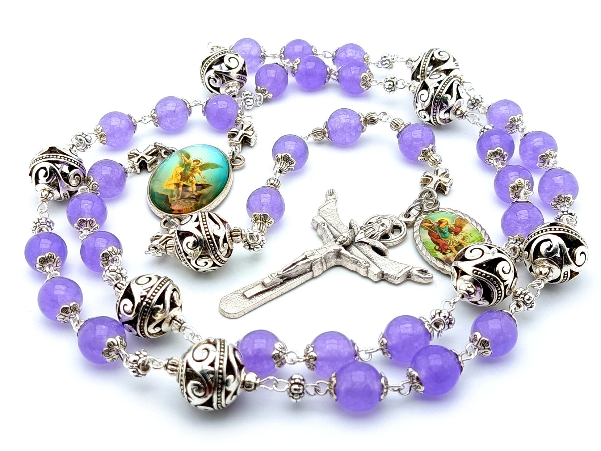 Saint Michael unique rosary beads prayer chaplet with alexandrite gemstone beads, silver pater beads, Trinity crucifix and picture centre medal.