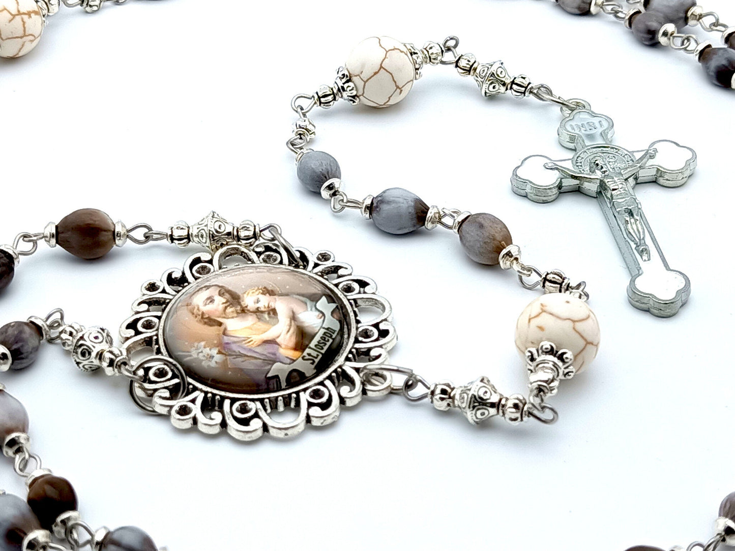 Saint Joseph unique rosary beads with Jobs Tears and gemstone beads, white enamel Saint benedict crucifix and large picture centre medal.