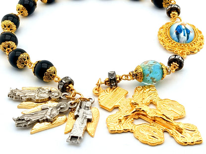 Immaculate Conception unique rosary beads single rosary with onyx and luminous glass beads, golden pardon crucifix, picture medal and three Arch Angel medals.