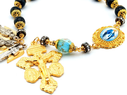 Immaculate Conception unique rosary beads single rosary with onyx and luminous glass beads, golden pardon crucifix, picture medal and three Arch Angel medals.