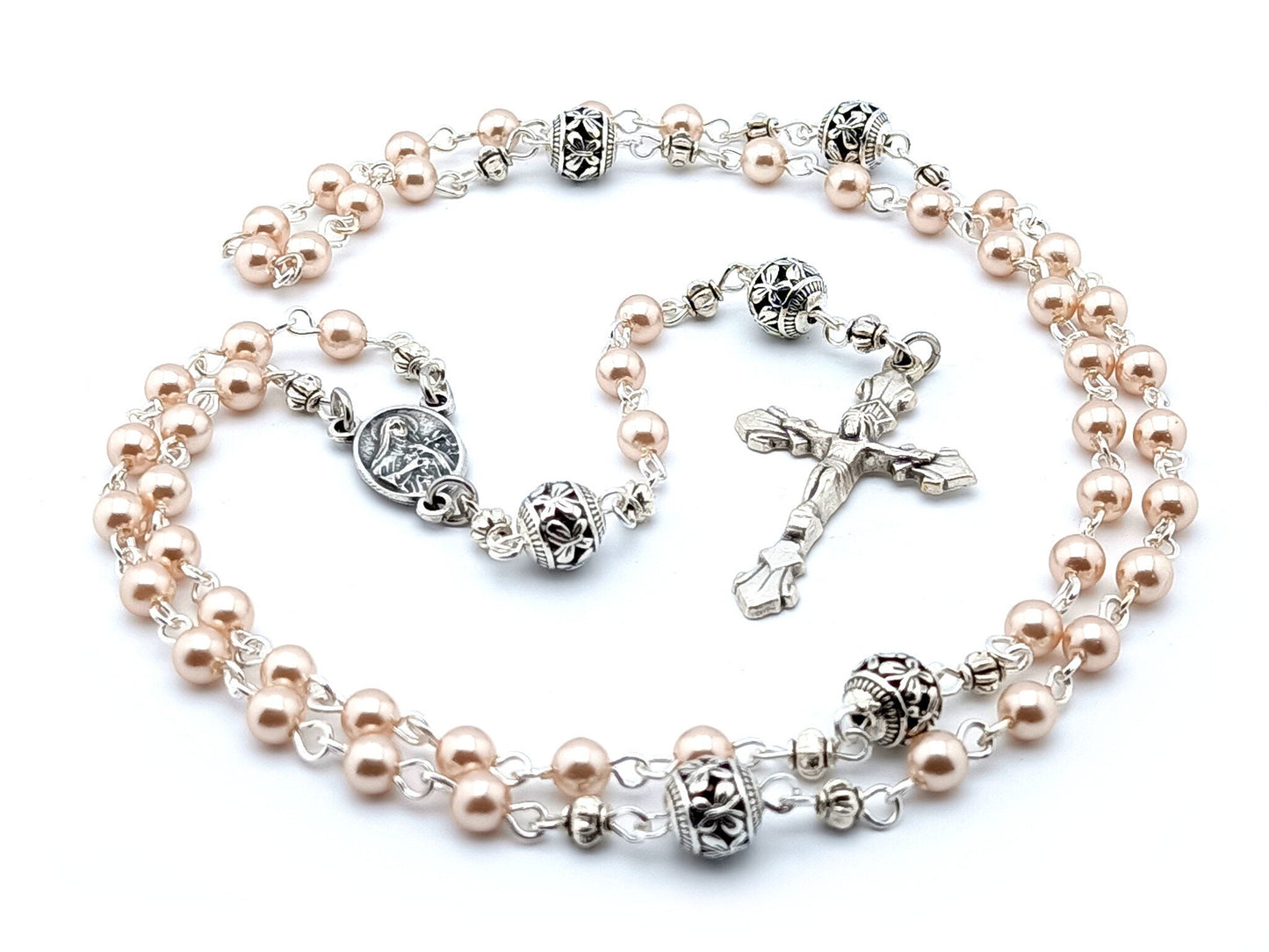 Saint Therese unique rosary beads with faux pearl beads, silver pater beads, crucifix and centre medal.