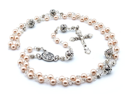 Saint Therese unique rosary beads with faux pearl beads, silver pater beads, crucifix and centre medal.