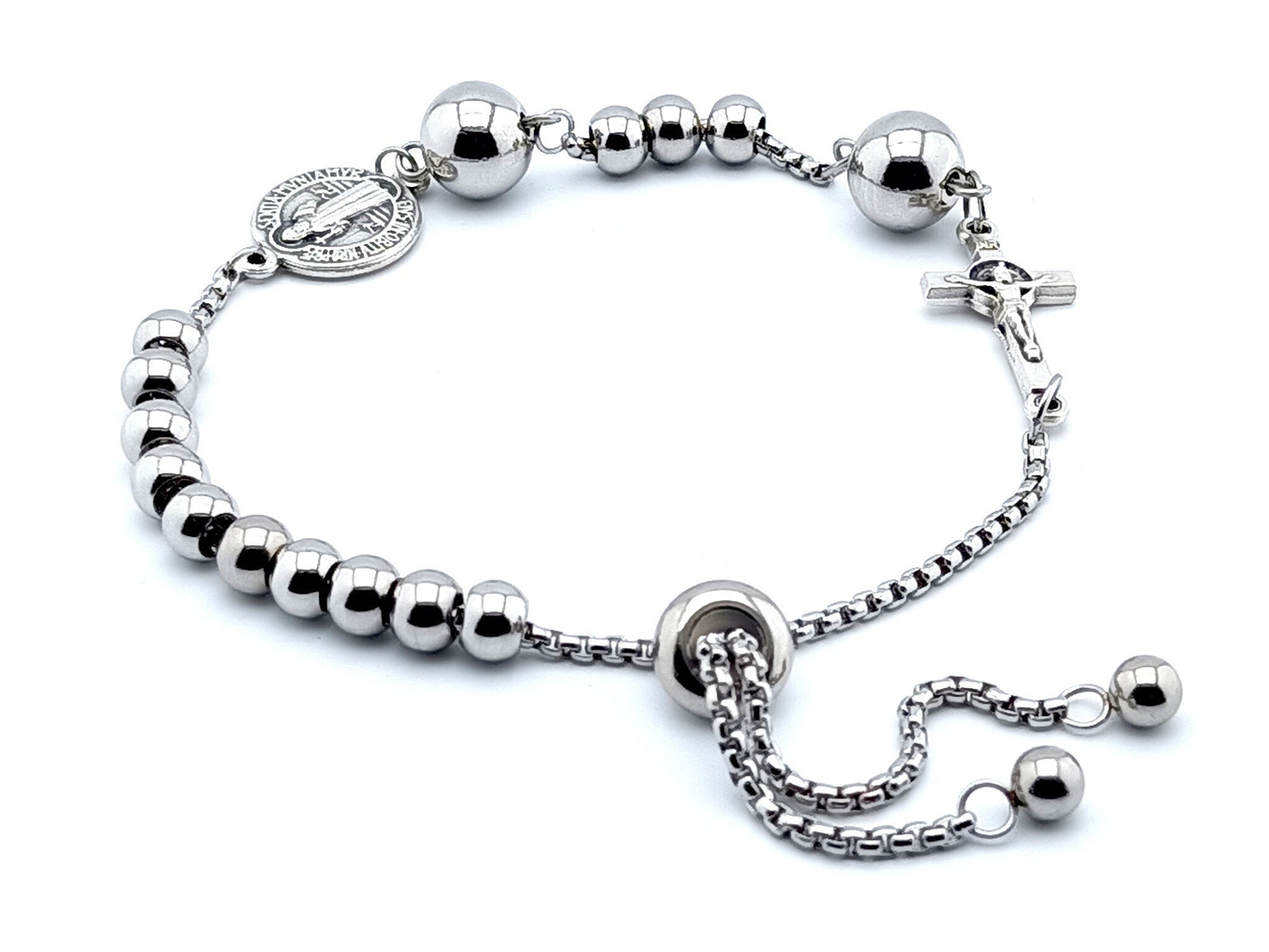 Saint Benedict unique rosary beads single decade rosary bracelet with stainless steel beads, silver plated linking crucifix and medal.