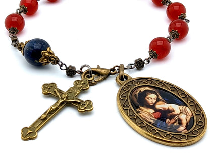Our Lady of Divine Providence unique rosary beads single decade rosary with ruby and lapis lazuli gemstone beads, bronze crucifix and picture medal.