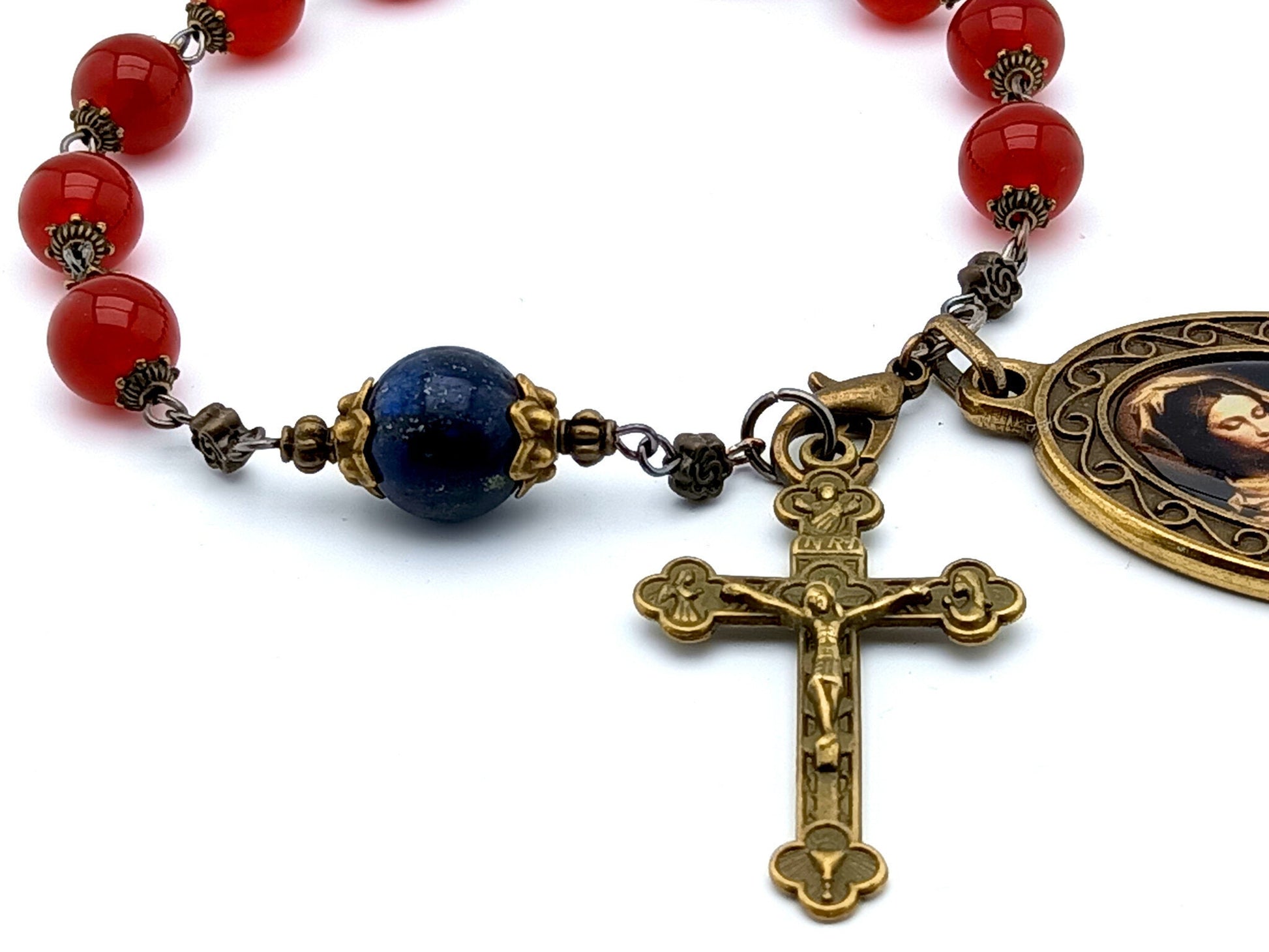 Our Lady of Divine Providence unique rosary beads single decade rosary with ruby and lapis lazuli gemstone beads, bronze crucifix and picture medal.