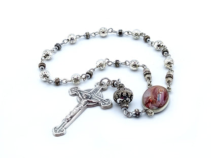 Saint Bernadette and Our Lady of Lourdes unique rosary beads single decade rosary with silver beads, picture centre medal and crucifix.