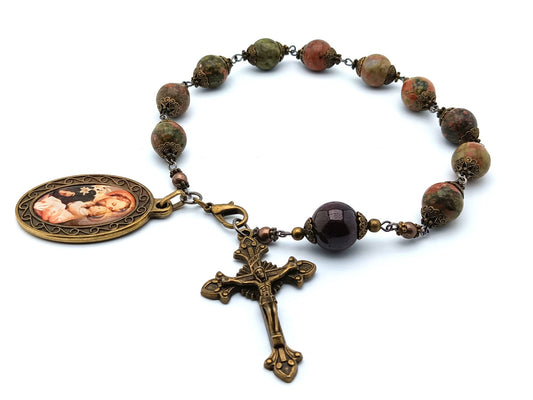 Saint Joseph unique rosary beads single decade rosary with unakite and garnet gemstone beads, bronze crucifix and picture end medal.