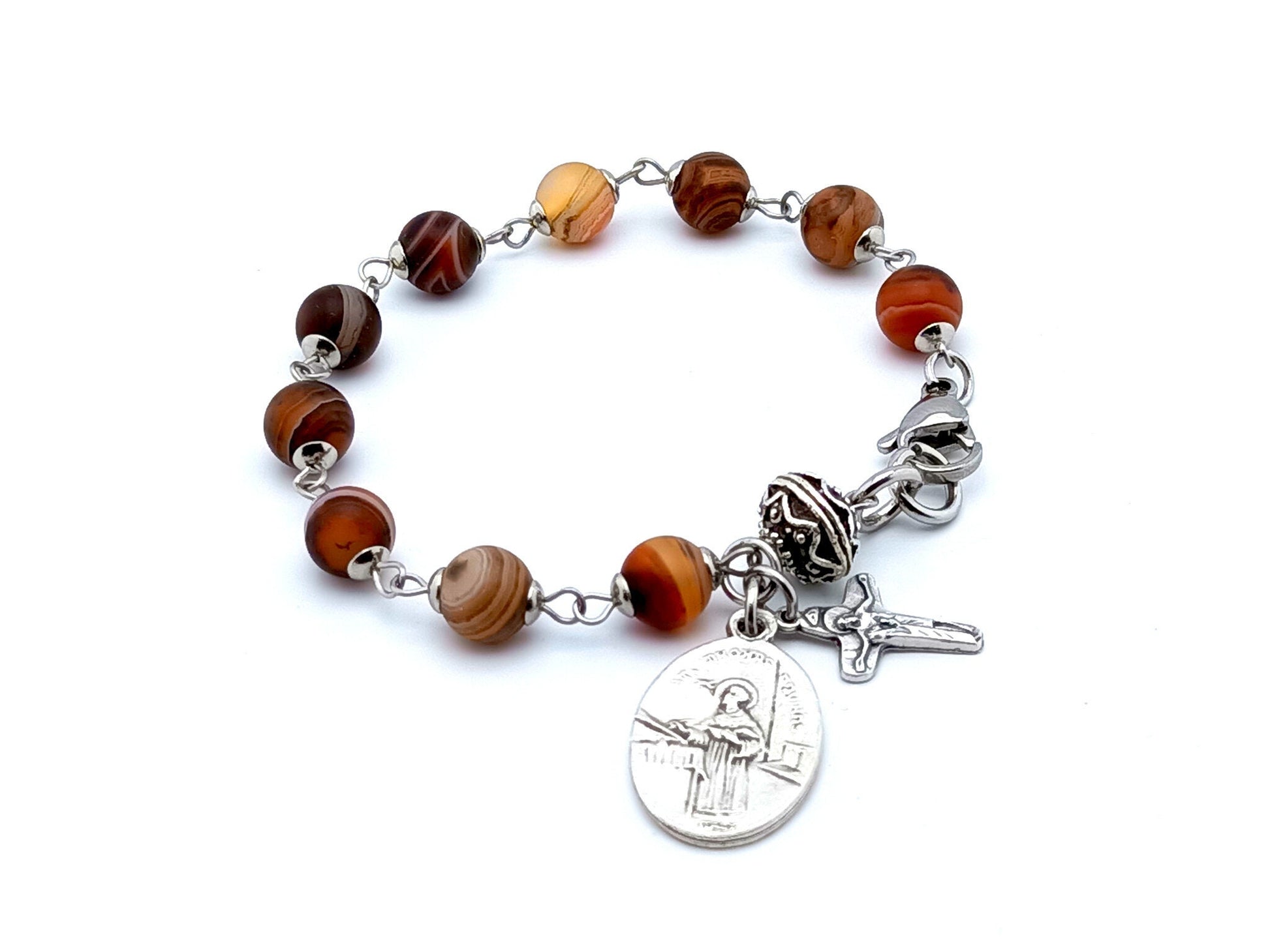 Saint Thomas Aquinas unique rosary beads single decade bracelet with agate gemstone beads, silver crucifix and medal.