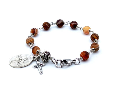 Saint Thomas Aquinas unique rosary beads single decade bracelet with agate gemstone beads, silver crucifix and medal.