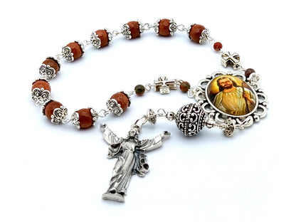 The Good Shepherd unique rosary beads single decade rosary with agate gemstone beads, silver beda caps, picture medal and Risen Christ end medal.