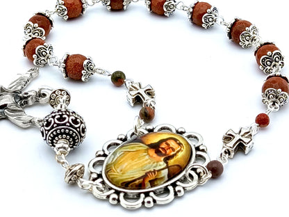 The Good Shepherd unique rosary beads single decade rosary with agate gemstone beads, silver beda caps, picture medal and Risen Christ end medal.