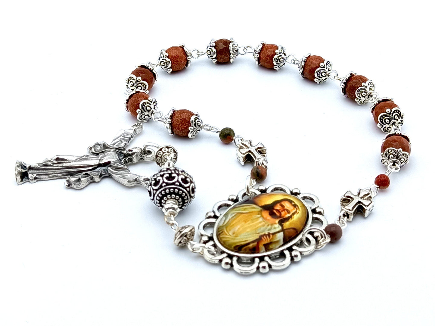 The Good Shepherd unique rosary beads single decade rosary with agate gemstone beads, silver beda caps, picture medal and Risen Christ end medal.