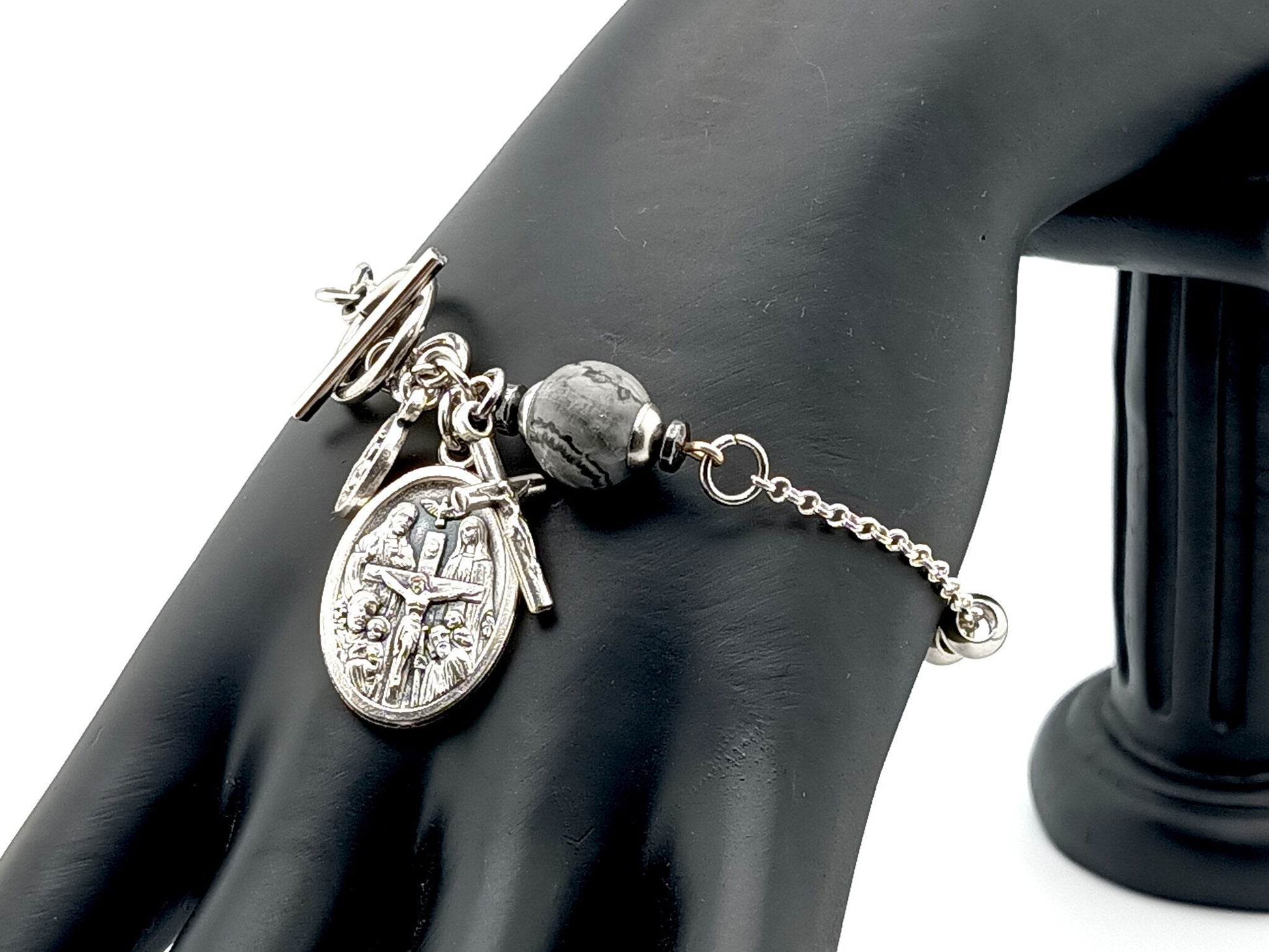 Our Lady of Mount Carmel unique rosary beads single decade rosary bracelet with stainless steel beads and 925 silver chain.