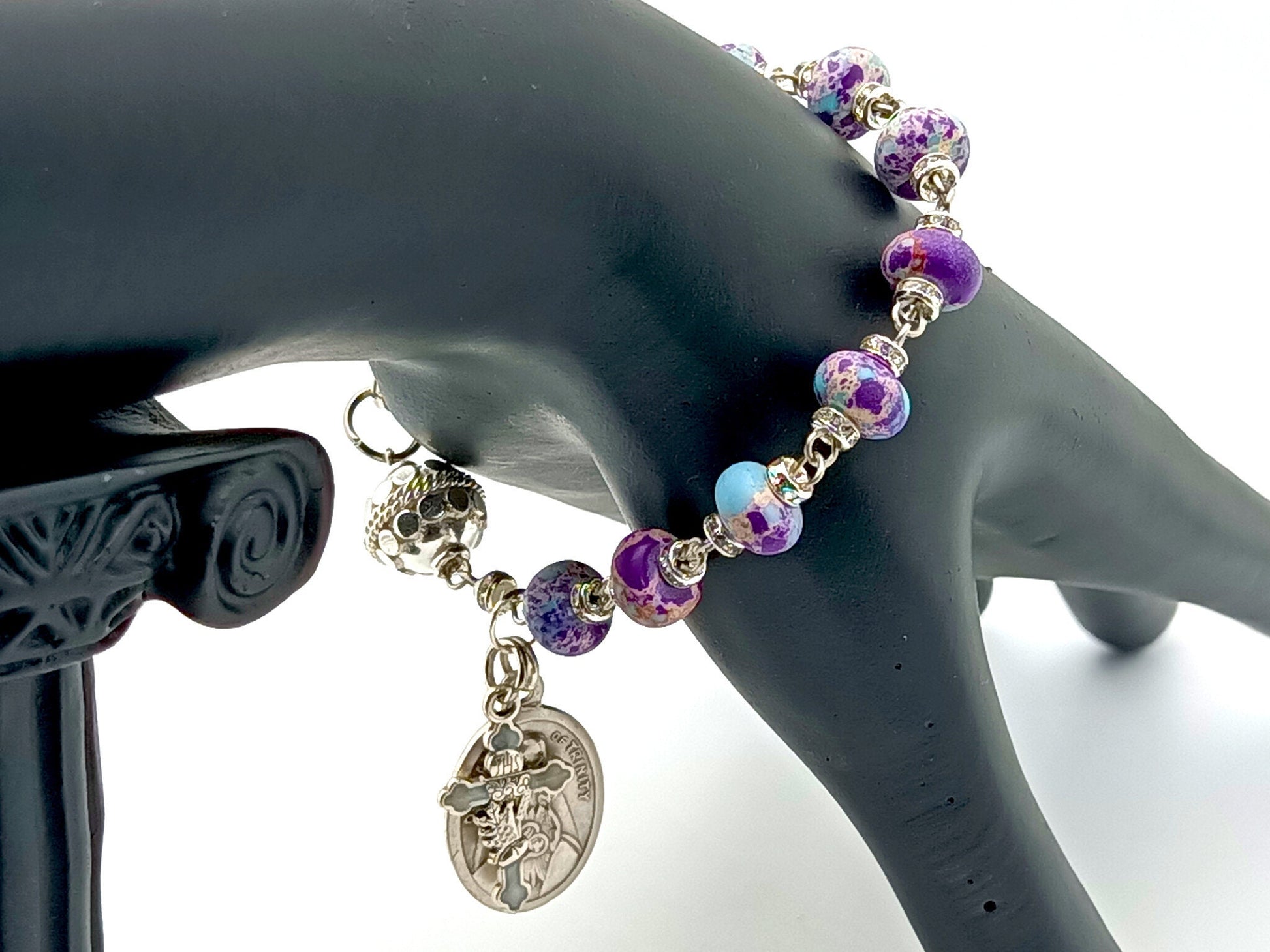 Our Lady of the Holy Trinity unique rosary beads single decade rosary bracelet with blue and purple gemstone beads, Holy communion enamel crucifix and Our Lady medal.