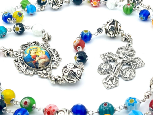 Our Lady of Perpetual Help unique rosary beads with millefleur glass beads, silver pater beads, pardon crucifix and picture centre medal.