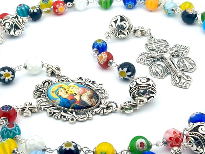 Our Lady of Perpetual Help unique rosary beads with millefleur glass beads, silver pater beads, pardon crucifix and picture centre medal.