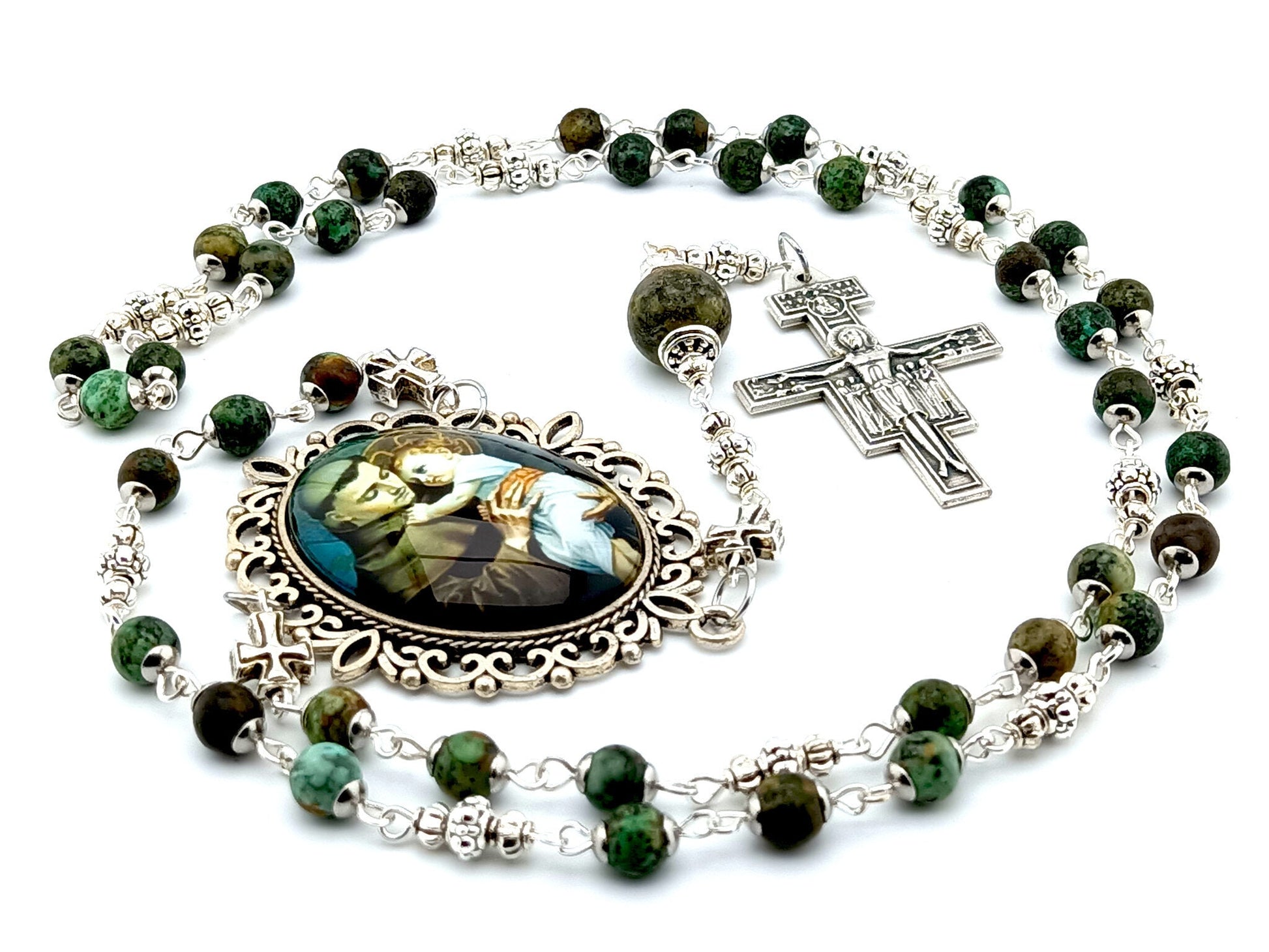 Saint Anthony of Padua unique rosary beads prayer chaplet with green gemstone beads, Saint Dominic crucifix and large picture centre medal.