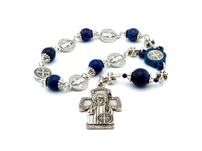 Saint Benedict unique rosary beads single decade rosary with lapis lazuli and silver Benedict medal beads and centre with Saint Benedict cross.