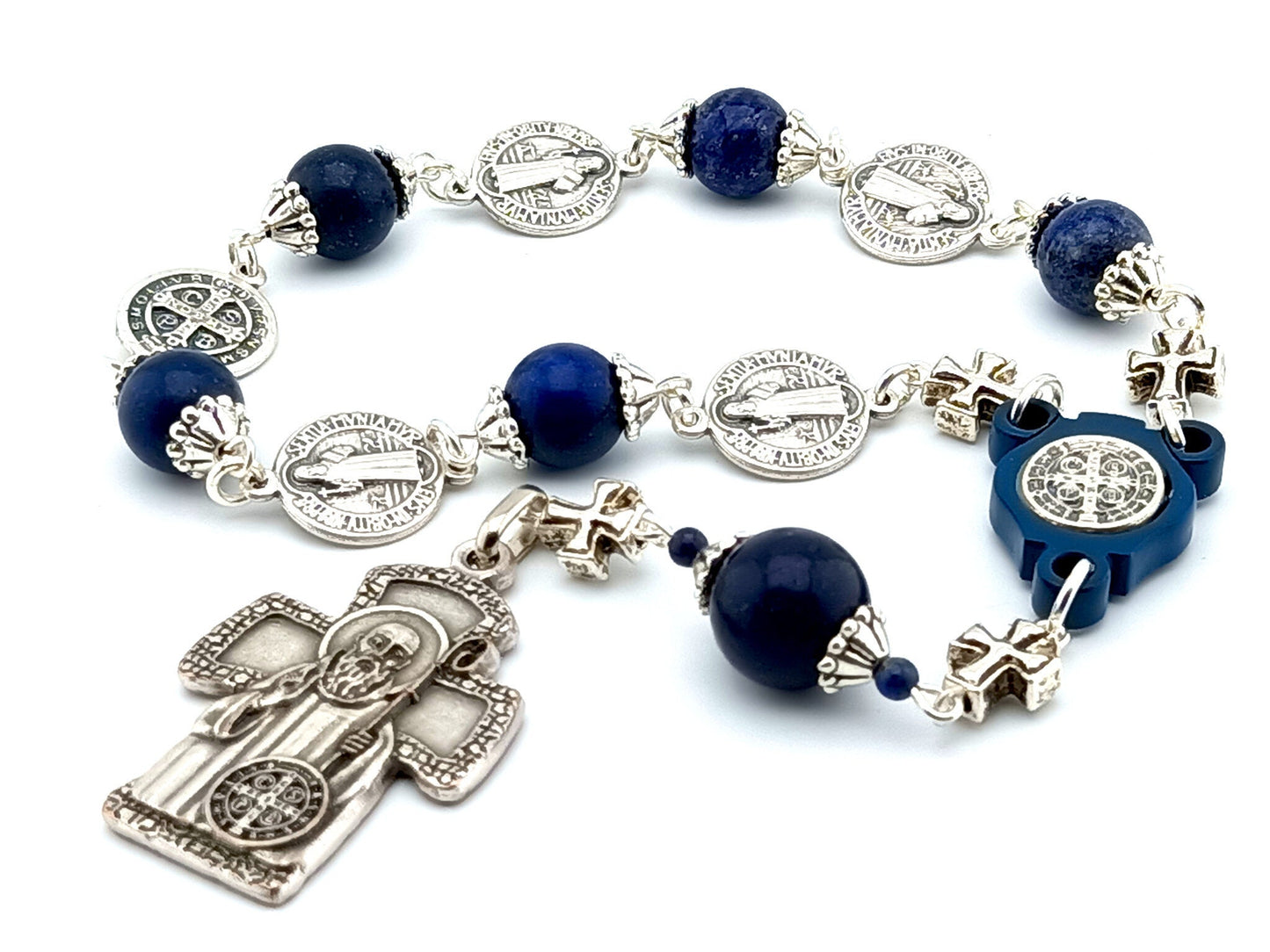 Saint Benedict unique rosary beads single decade rosary with lapis lazuli and silver Benedict medal beads and centre with Saint Benedict cross.