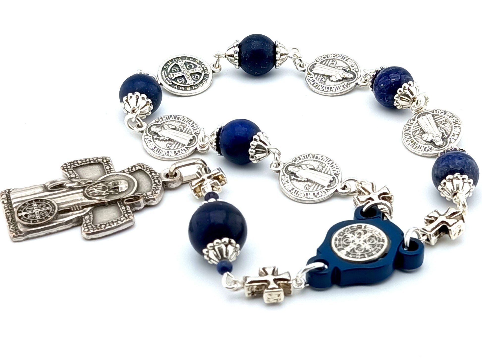 Saint Benedict unique rosary beads single decade rosary with lapis lazuli and silver Benedict medal beads and centre with Saint Benedict cross.