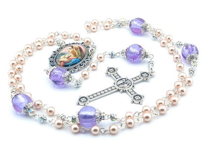 Our Ladys Fiat unique rosary beads with pink faux pearl and large lilac glass beads, Ferula cross and large picture centre medal.