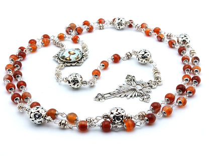 First Holy Communion unique rosary beads with red agate gemstone beads, silver pater beads, silver sunburst crucifix and picture centre medal.