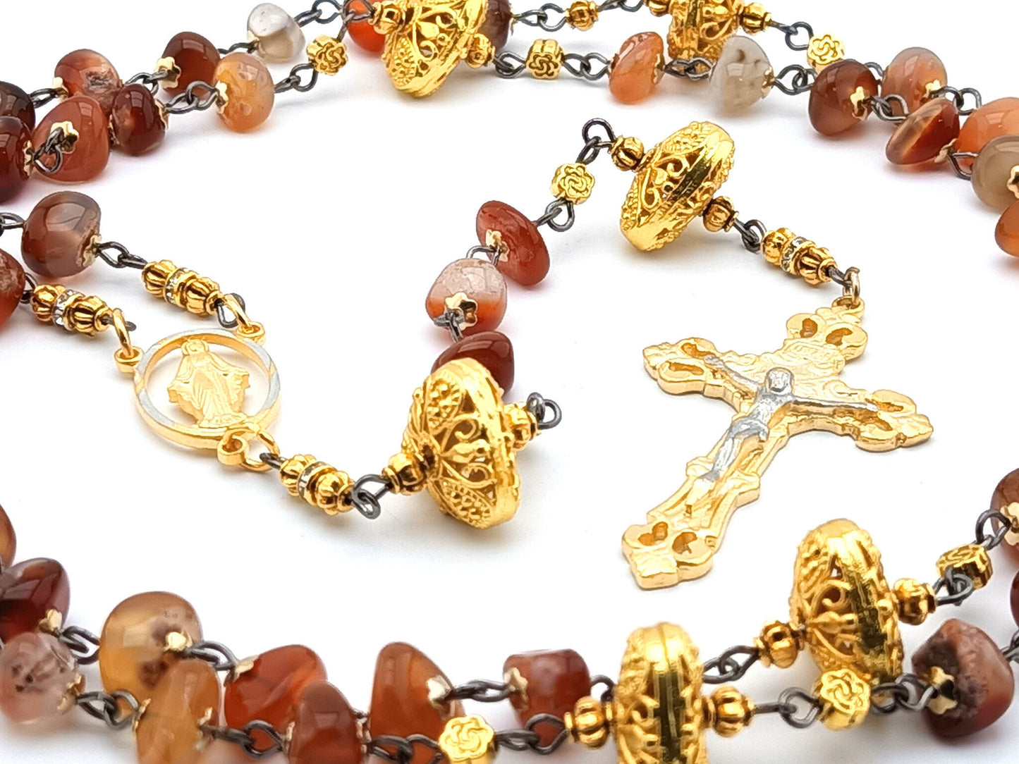 Miraculous Medal unique rosary beads with gold plated pewter crucifix, nugget agate gemstone beads and Miraculous medal centre.
