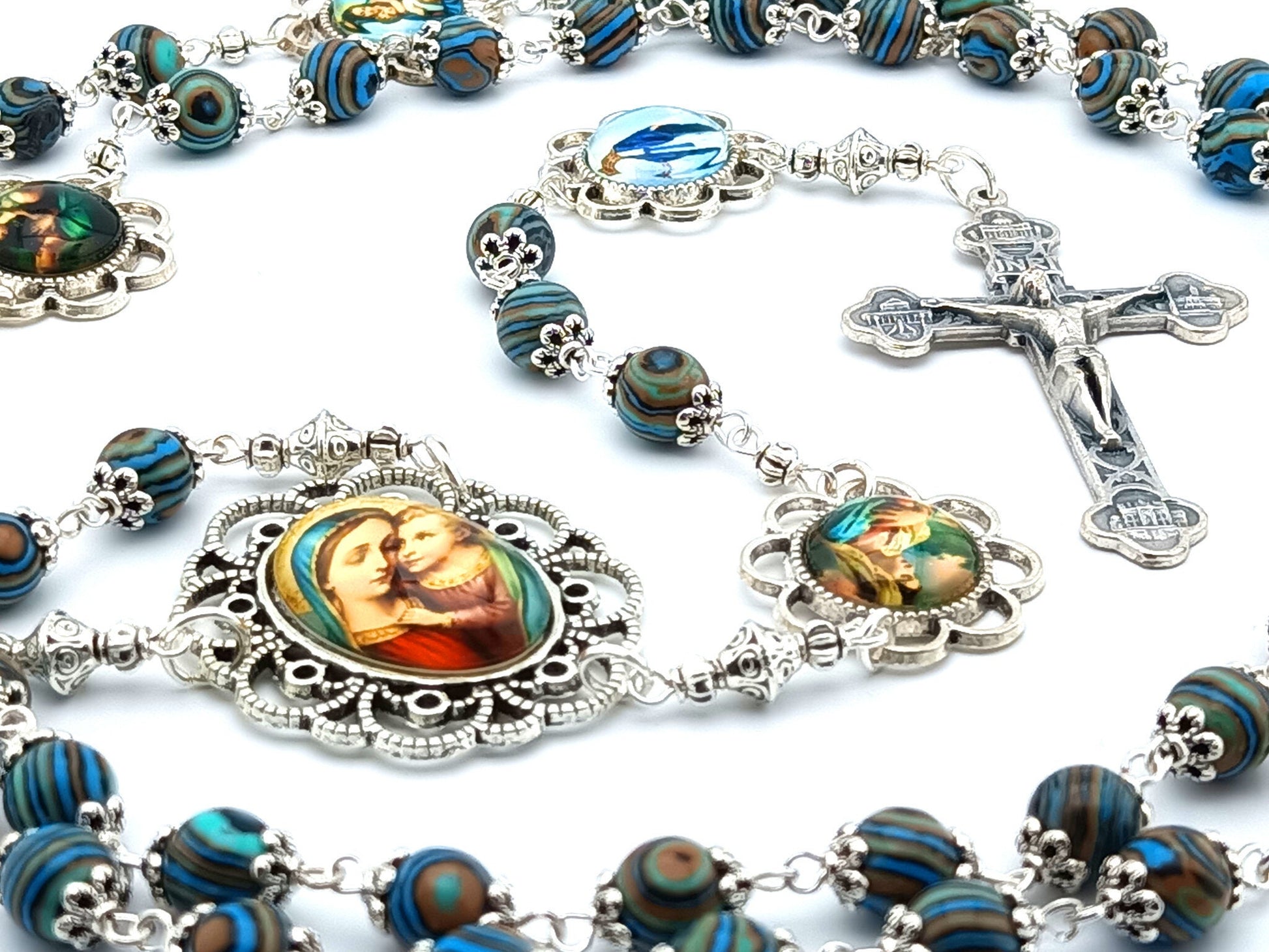 Virgin Mary unique rosary beads with malachite gemstone beads, picture pater beads and silver four basilicas crucifix and picture centre medal.
