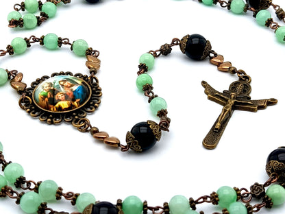 Holy Family unique rosary beads with jade and onyx gemstone beads, bronze Trinity crucifix, bead caps and picture centre medal.