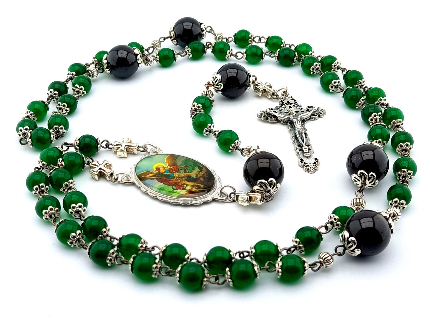 Saint Michael unique rosary beads with green jasper and onyx gemstone beads, silver filigree crucifix and picture centre medal.