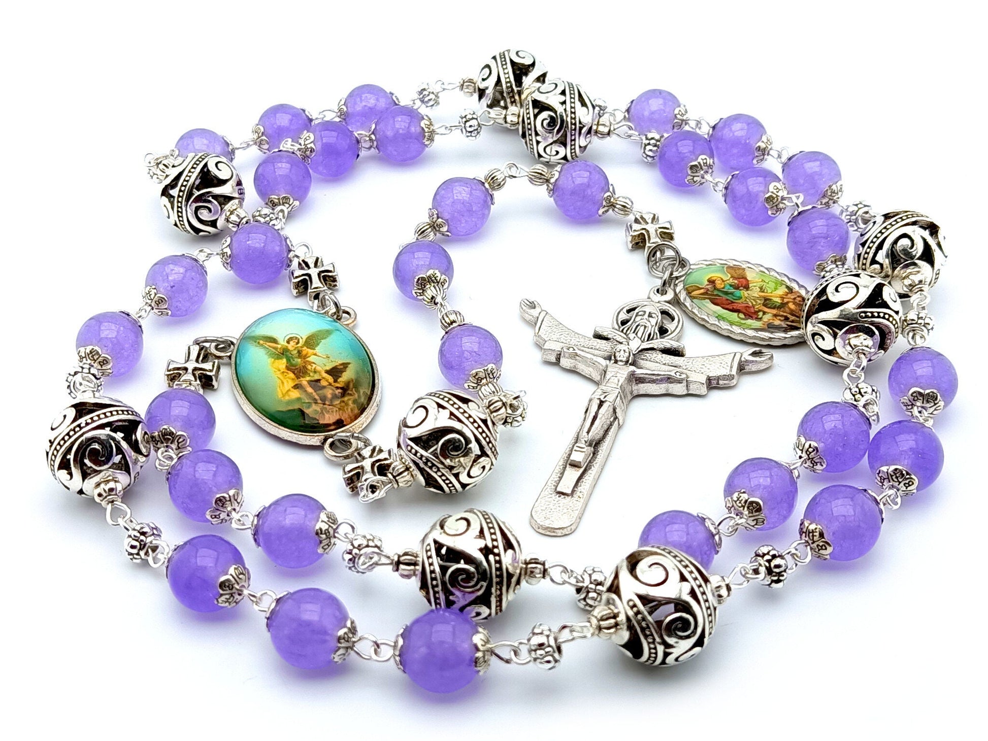 Saint Michael unique rosary beads prayer chaplet with alexandrite gemstone beads, silver pater beads, Trinity crucifix and picture centre medal.