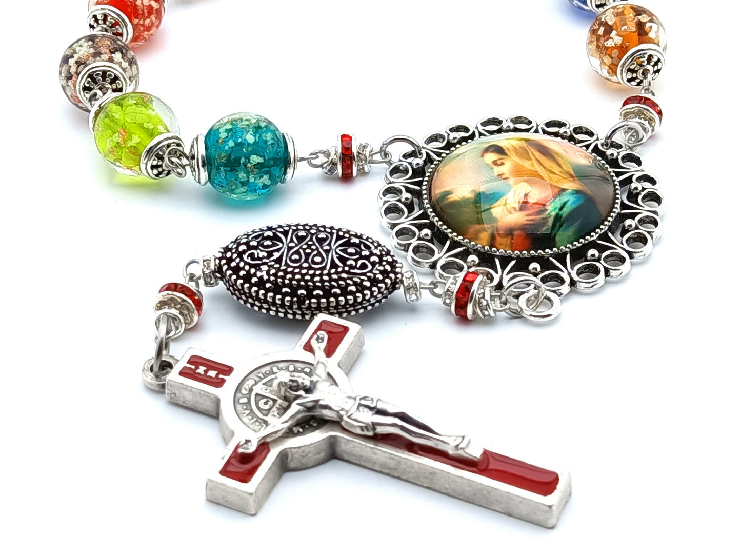 Our Ladys Fiat unique rosary beads single decade rosary with large glass luminous beads, picture centre medal and Saint Benedict crucifix.