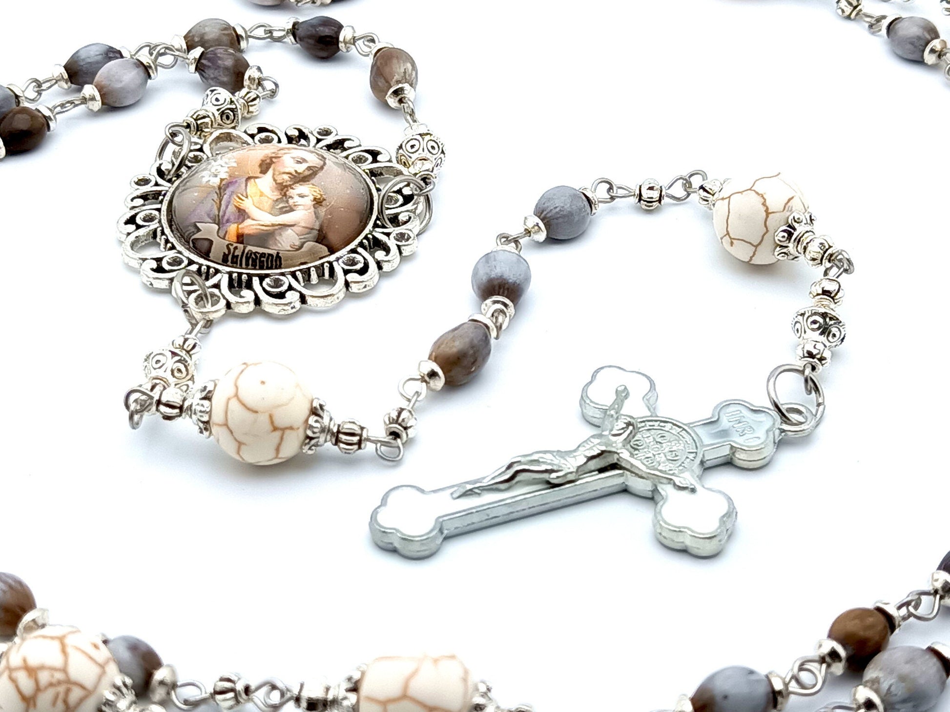 Saint Joseph unique rosary beads with Jobs Tears and gemstone beads, white enamel Saint benedict crucifix and large picture centre medal.