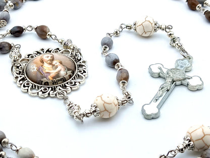 Saint Joseph unique rosary beads with Jobs Tears and gemstone beads, white enamel Saint benedict crucifix and large picture centre medal.