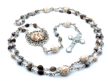 Saint Joseph unique rosary beads with Jobs Tears and gemstone beads, white enamel Saint benedict crucifix and large picture centre medal.