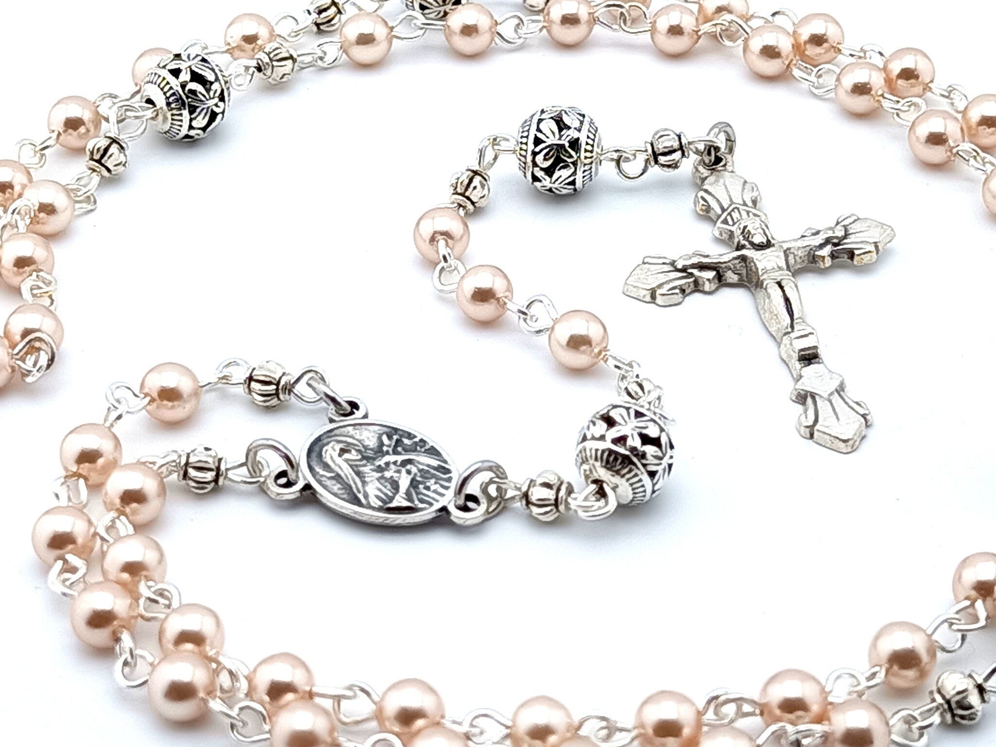 Saint Therese unique rosary beads with faux pearl beads, silver pater beads, crucifix and centre medal.
