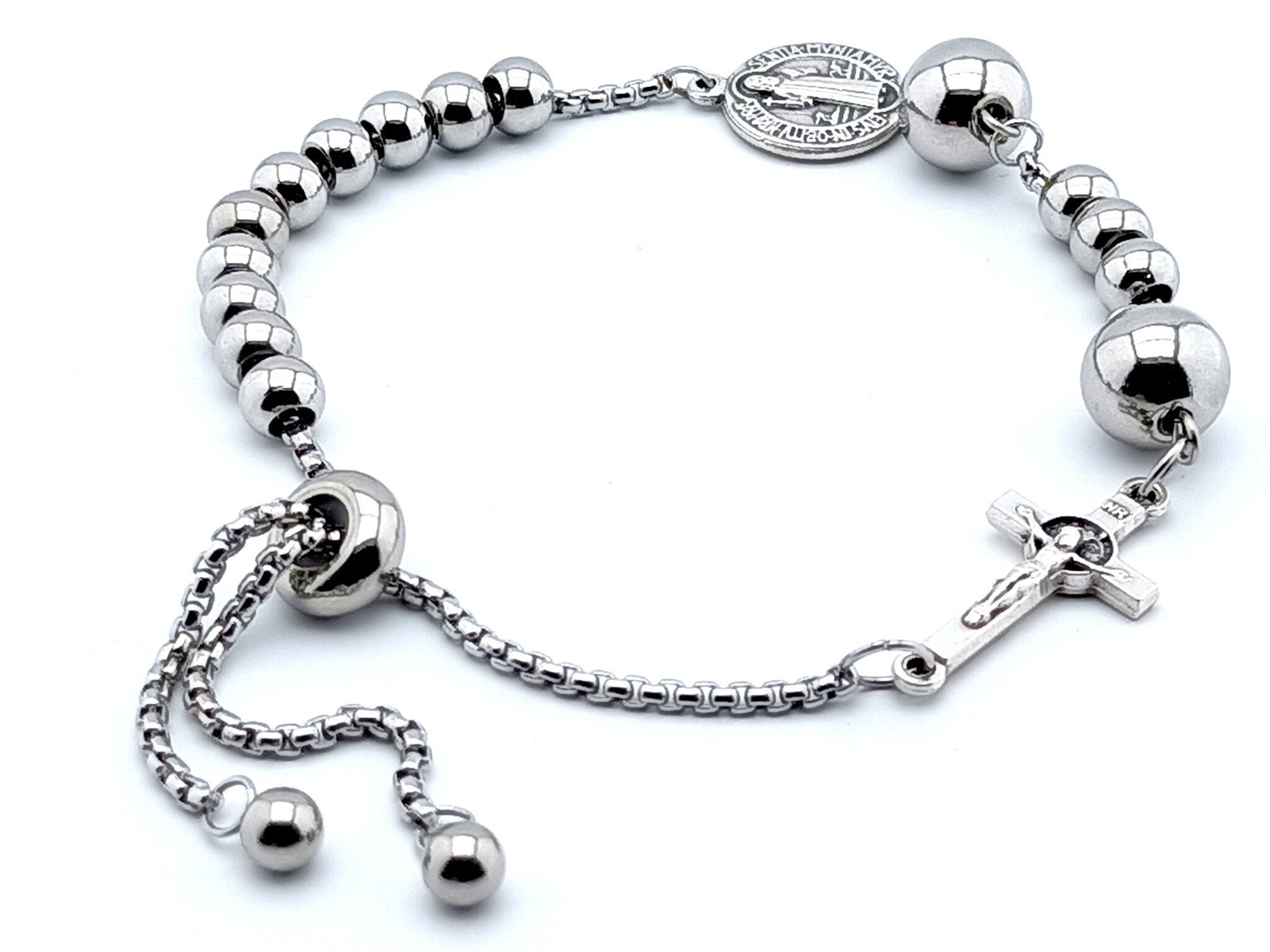 Saint Benedict unique rosary beads single decade rosary bracelet with stainless steel beads, silver plated linking crucifix and medal.