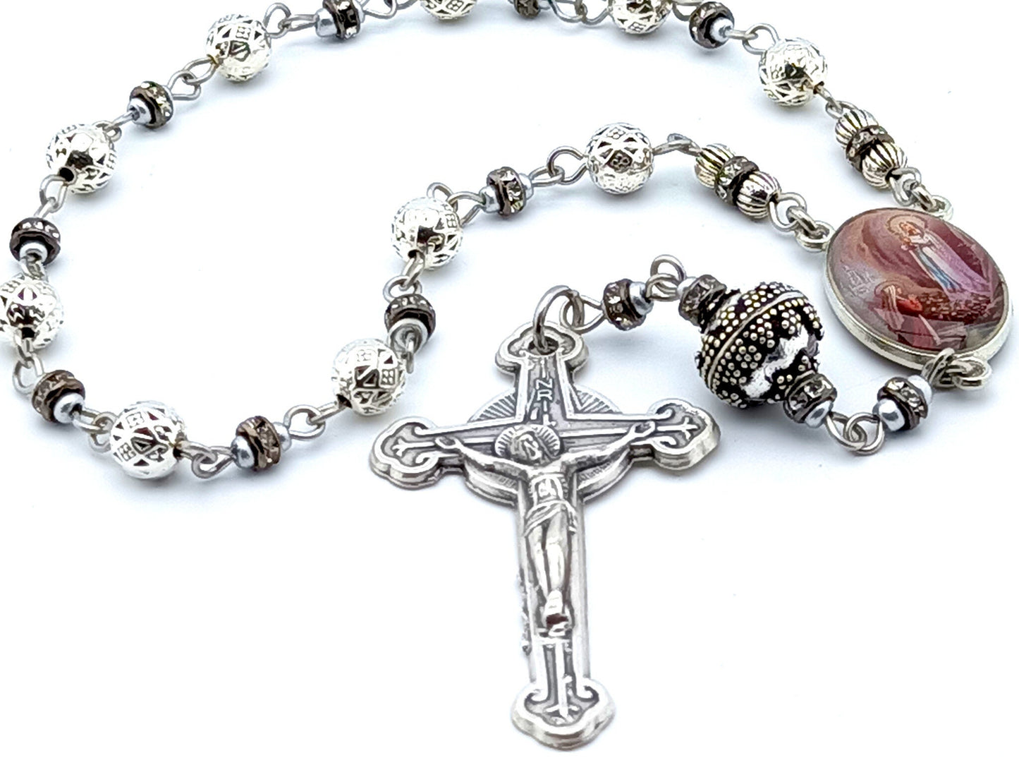Saint Bernadette and Our Lady of Lourdes unique rosary beads single decade rosary with silver beads, picture centre medal and crucifix.