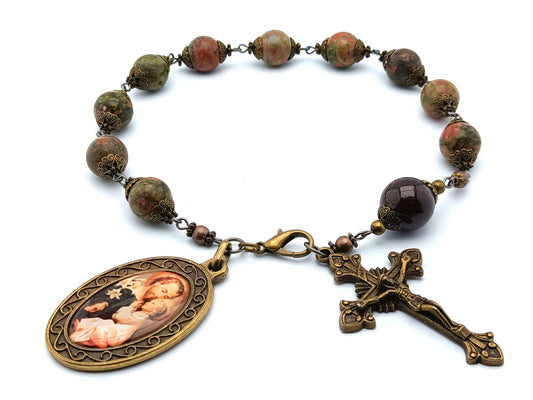 Saint Joseph unique rosary beads single decade rosary with unakite and garnet gemstone beads, bronze crucifix and picture end medal.