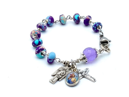 Saint Christopher unique rosary beads single decade rosary bracelet with agate and alexandrite gemstone beads, silver medals and crucifix.