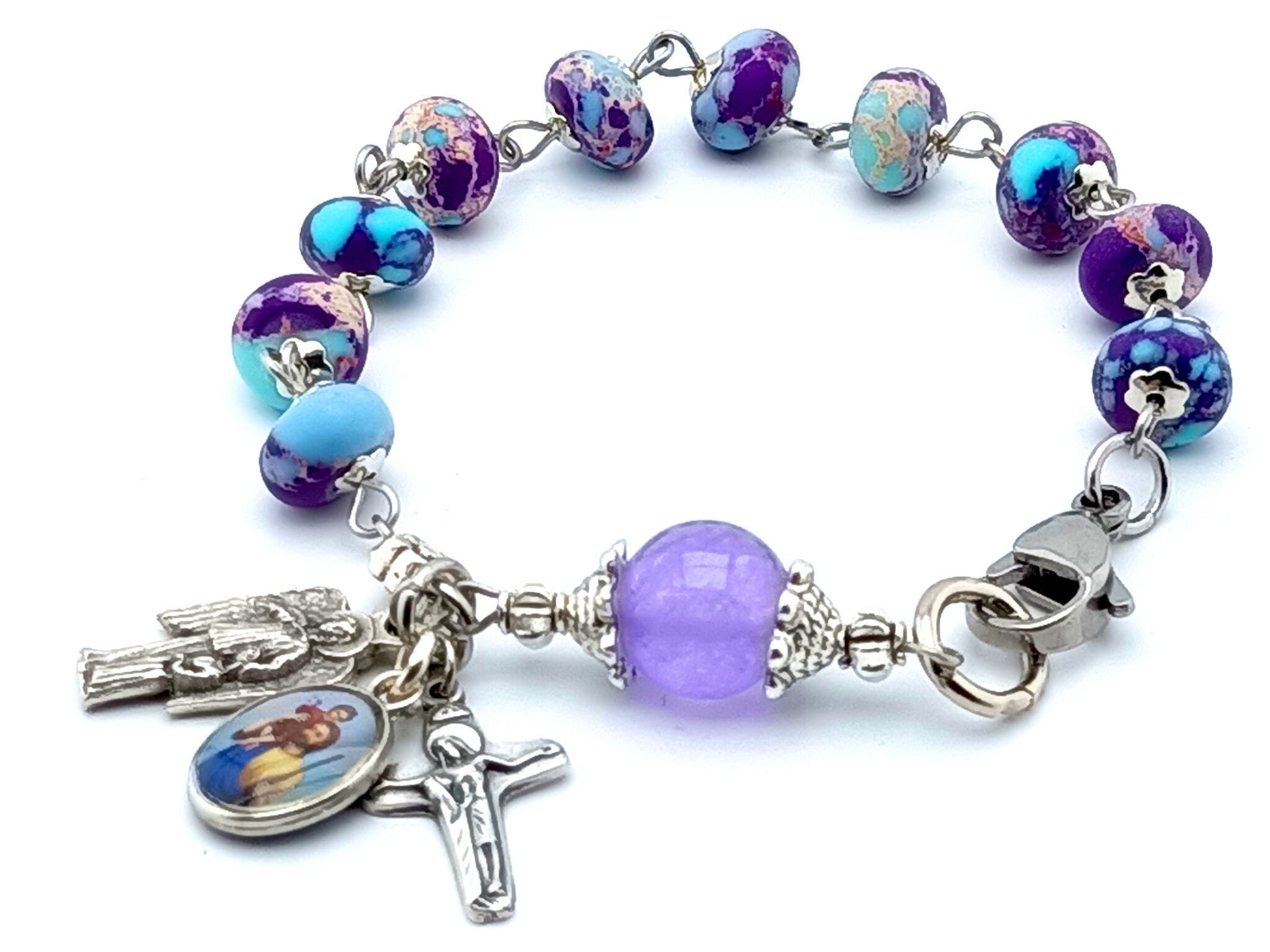 Saint Christopher unique rosary beads single decade rosary bracelet with agate and alexandrite gemstone beads, silver medals and crucifix.